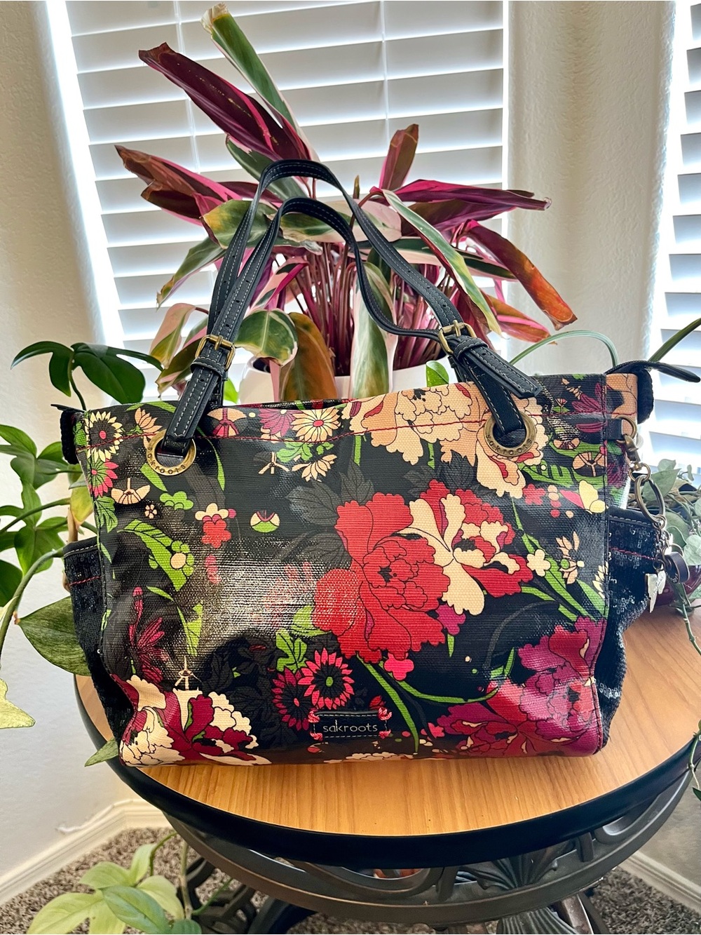 Sakroots Black Floral Coated Canvas Shoulder Bag EUC